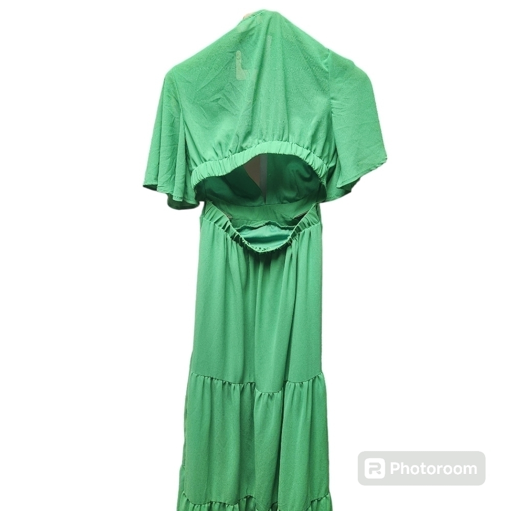 Lilly's Kloset Green Chiffon Temperament Low-cut Waist Dress Short Sleeve Sz. L - Picture 6 of 9